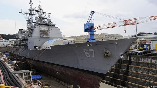 The Ticonderoga-class cruiser Shiloh in dry dock.